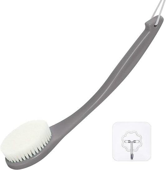 VANZAVANZU Exfoliating Shower Brush Back Scrubbers for Use in Shower, Plastic Bath Brush Long Handle for Shower with Moderate Bristles, Dry or Wet Back Brush for Shower Men Women-Grey