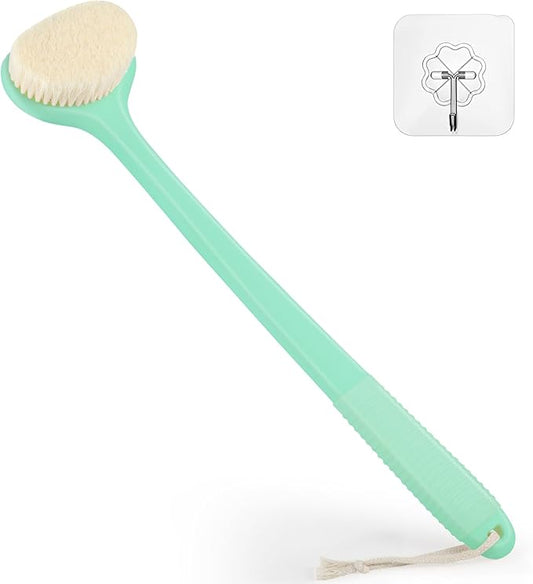 VANZAVANZU Back Scrubber for Shower, Bath Brush with 17-Inch Long Anti-Slip Handle, Wet and Dry Brushing Body Brush for Body Cleansing, Back Brush for Men and Women (Celadon Green)