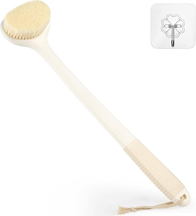 VANZAVANZU Back Scrubber for Shower, Bath Brush with 17-Inch Long Anti-Slip Handle, Wet and Dry Brushing Body Brush for Body Cleansing, Back Brush for Men and Women (Cream White)
