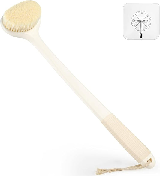 VANZAVANZU Back Scrubber for Shower, Bath Brush with 17-Inch Long Anti-Slip Handle, Wet and Dry Brushing Body Brush for Body Cleansing, Back Brush for Men and Women (Cream White)