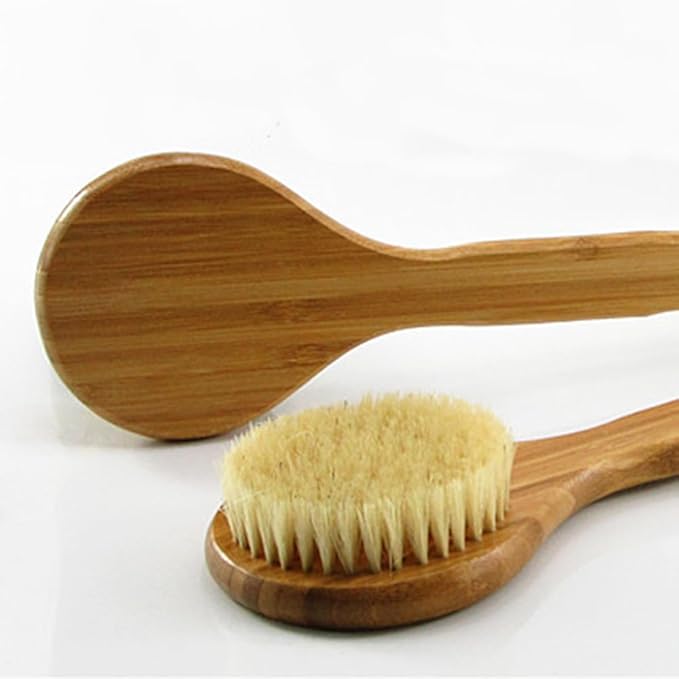 12.6" Long Handle Dry Bath Body Brush Back Scrubber, Bamboo Handle Bath Shower Brush Scrubber with Natural Boar Bristles, Good for Detox, Exfoliating, Cellulite, Blood Circulation, etc.