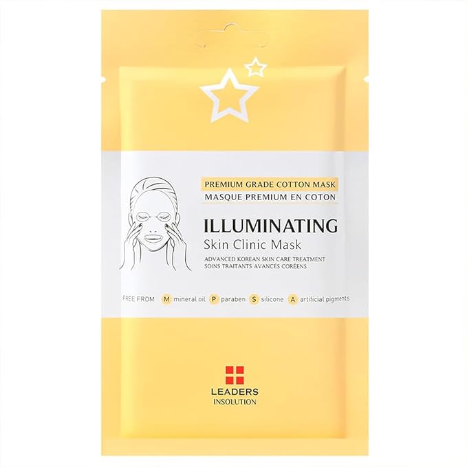 Leaders Insolution Illuminating Skin Clinic Mask | Omega-3 & Purslane Extract for Radiant Glow | Niacinamide Brightening Treatment | Even Skin Tone | 100% Natural Cotton (10 Sheets)