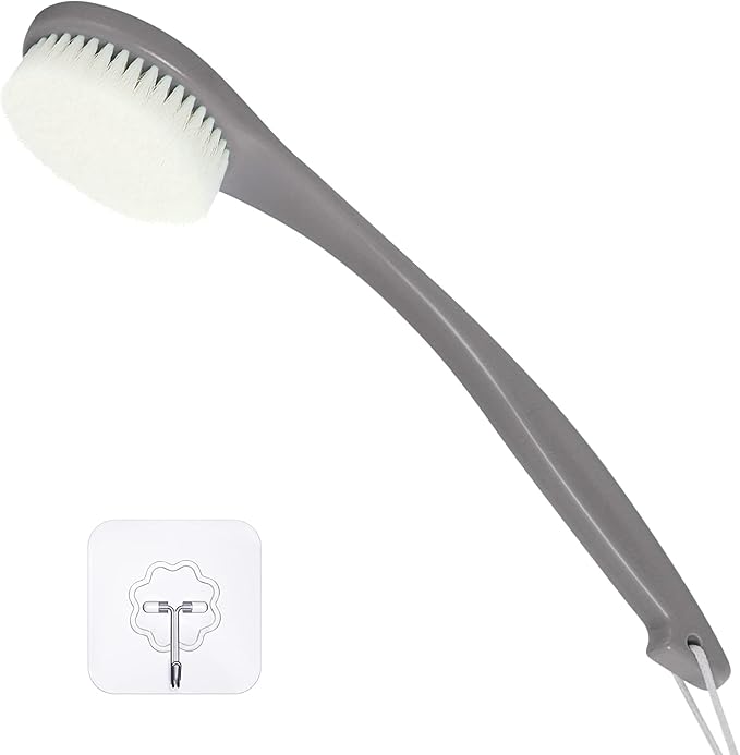 Bath Brush Long Handle for Shower, Soft Bristle Back Scrubber for Shower, Ergonomics Curved Long Handle Back Brush Exfoliating Body Scrubber with Hook and Lanyard-Grey