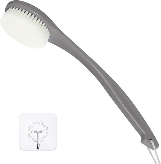 Bath Brush Long Handle for Shower, Soft Bristle Back Scrubber for Shower, Ergonomics Curved Long Handle Back Brush Exfoliating Body Scrubber with Hook and Lanyard-Grey