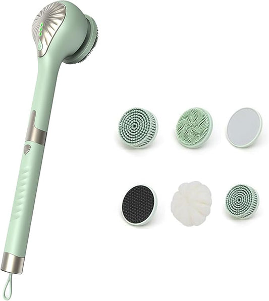 Electric Body Brush, 6in1 Back Scrubber for Shower with 3 Speed, IPX7 Waterproof Silicone Bath Scrubber, Rechargeable Electric Spin Scrubber, Cordless Bath Brush for Clean Exfoliate Massage (Green)