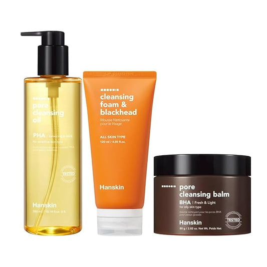 Hanskin Deep Pore Care Trio – PHA Cleansing Oil, Foam Face Wash & BHA Cleansing Balm | Double Cleanse & Blackhead Care | Korean Oil Cleanser Set, K-Beauty