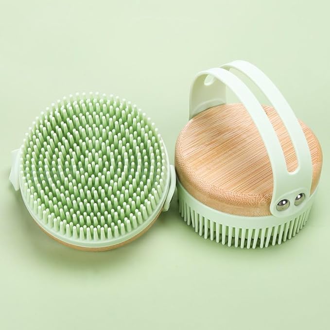 Bamboo & Silicone Body Scrubber for Shower – Gentle Exfoliating Bath Brush with Soft Bristles, Easy-Foam Design, Quick-Dry, Ergonomic Strap Handle, Eco-Friendly, for Women & Men (Green)