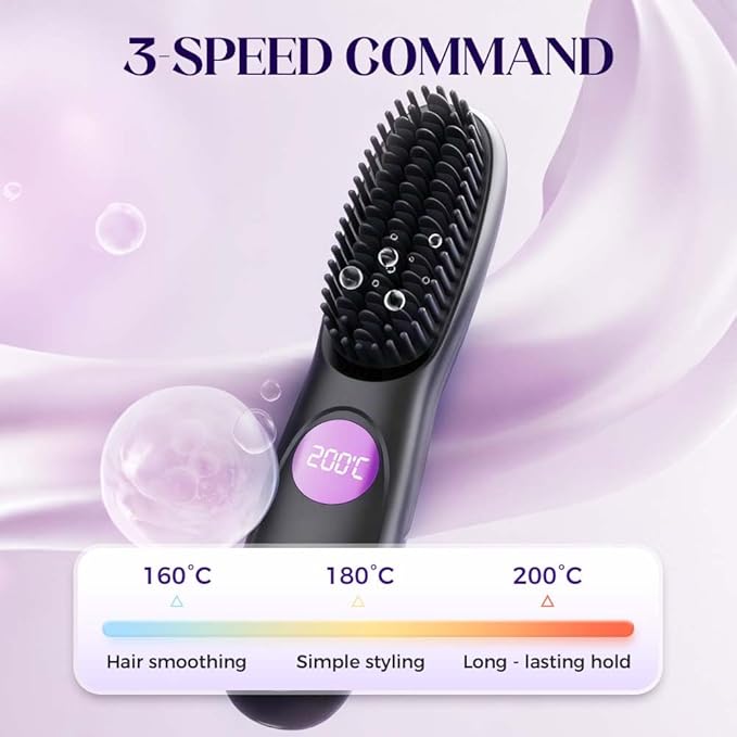 Cordless Hair Straightener Brush, Portable Mini Hair Straightening Brush with 3 Temperature Settings & LED Display, USB Rechargeable Fast Heating Hairs Brush for Travel (Black)