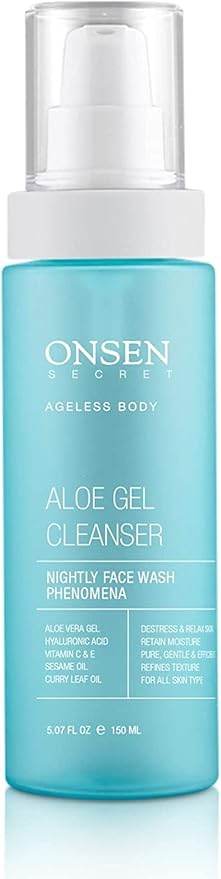 Onsen Secret Japanese Aloe Vera Face Wash - Premium Nightly Facial Cleanser for Makeup Removal, Heals Dry & Sensitive Skin, Hyaluronic Acid, Curry Leaf Oil, Vitamin C & E, Gel Cleanser