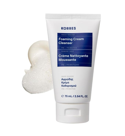 KORRES Greek Yoghurt Foaming Cream Cleanser, Hydrating, Deep Cleansing Skin Care, Makeup Remover, Face Wash for Women, Cream to Foam Facial Cleanser for Dry, Oily, Sensitive, Any Skin Type, 2.5 fl oz