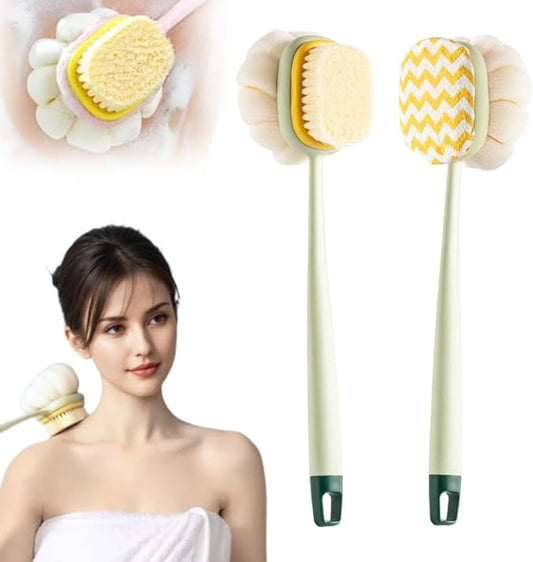 2-in-1 Bath Scrubber Back Brush,2025 New Shower Body Brush with Bristles and Loofah,Double-Sided Bath Back Scrubber with Long Handle for Women, Men, The Elderly (Green A+B)