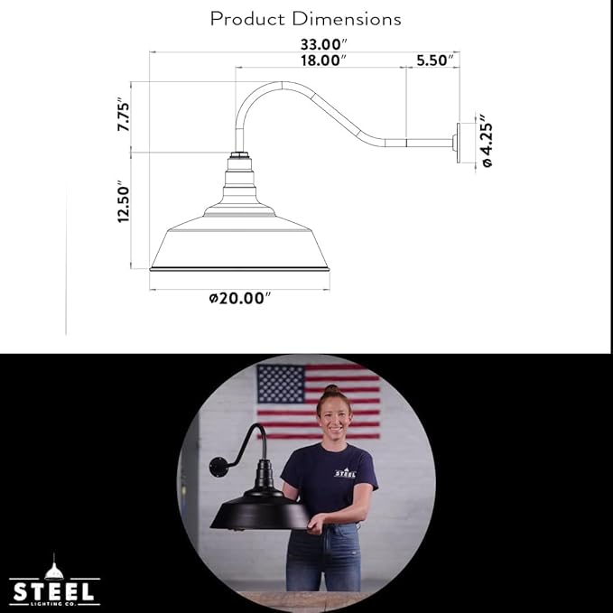 Steel Lighting Co. | Dusk to Dawn | Redondo Barn Light | Outdoor Wall Mounted | 20 inch Dome | 23 inch Gooseneck | Large Farmhouse Warehouse Light Made in America | Cream/Brass