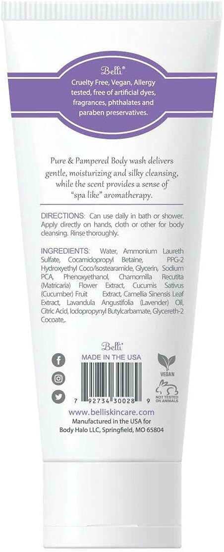 Belli Skincare Pure and Pampered Body Wash, Moisturizing Skin Cleanser, Contains Cucumber Green Tea Extracts, For All Skin Types, Dermatologist recommended, 6.5 Oz