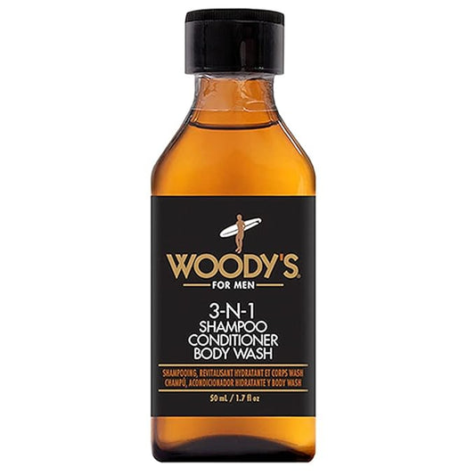 Woody's Mens 3-in-1 Shampoo, Conditioner, & Body Wash Travel-Size, Refreshing Multi-Use Cleanser Grooming Essential, 1.7 fl oz