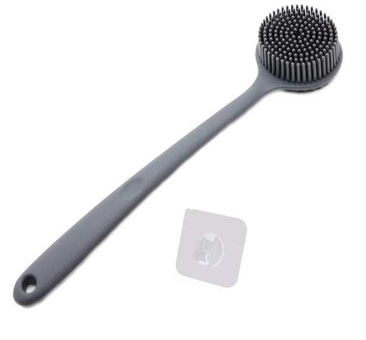 Silicone Body Scrubber With Long Handle for Shower - Exfoliating Back Brush for Men, Women & Kids - Soft Bath Scrubber With Free Hook