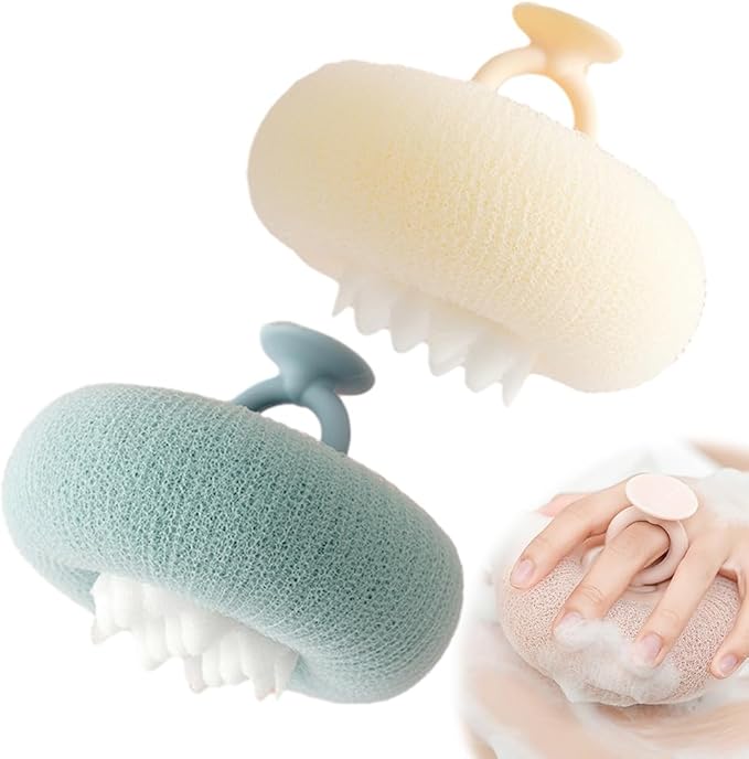 Super Soft Sunflower Suction Cup Bath Ball, 2025 New 2 in 1 Exfoliating Bath Sponge Cleaning Brush with Finger Rings, Sponge Mesh Pouf Shower Ball for Women & Men (Yellow+Green)