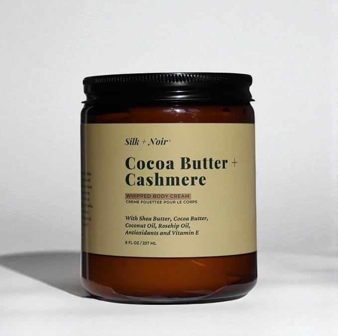 SILK + NOIR Whipped Body Cream | Moisturizing Body Cream For Glowing Skin | Hydrating, Non-Greasy Glow | Shea Butter, Cocoa Butter, Coconut Oil | Cocoa Butter + Cashmere, 8oz