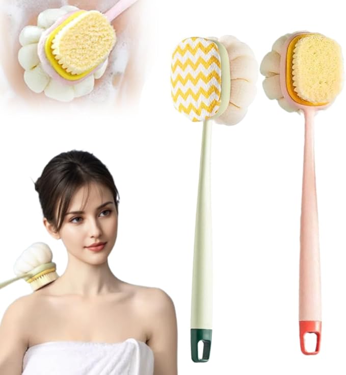 2-in-1 Bath Scrubber Back Brush,2025 New Shower Body Brush with Bristles and Loofah,Double-Sided Bath Back Scrubber with Long Handle for Women, Men, The Elderly (Pink B+Green A)