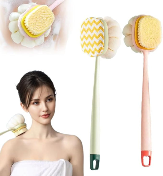 2-in-1 Bath Scrubber Back Brush,2025 New Shower Body Brush with Bristles and Loofah,Double-Sided Bath Back Scrubber with Long Handle for Women, Men, The Elderly (Pink B+Green A)