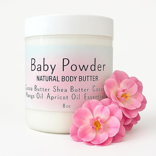 Baby Powder Creamy Whipped Body Butter Nourishing Shea Butter, Cocoa Butter, Coconut Oil, Essential Oils Moisturizer for Body, Feet & Hands Soothes and Softens