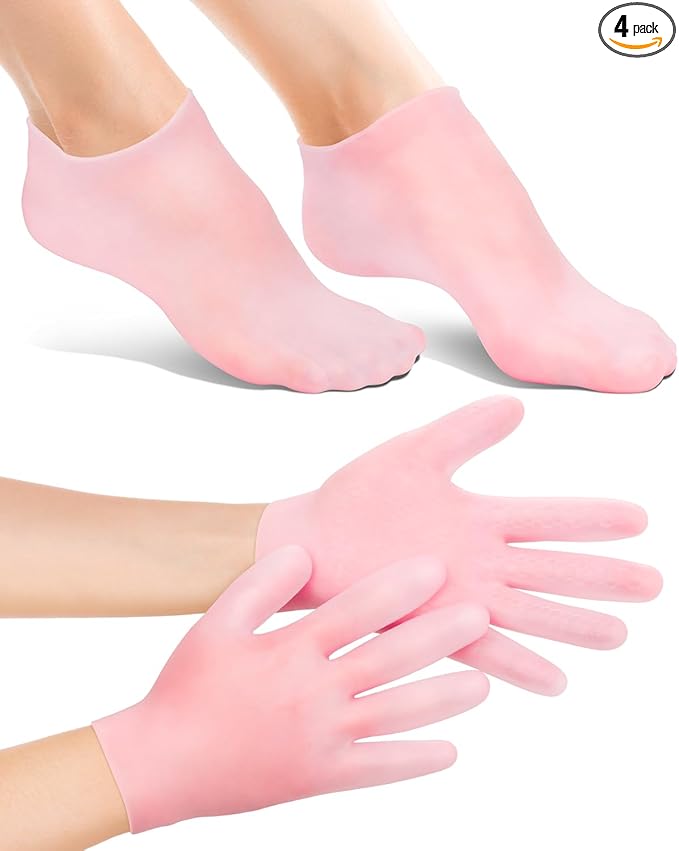 2 Pairs Silicone Moisturizing Glove Socks Set, Anti Slip Soft Spa Gel Socks Softening Feet Dry Cracked Skin, Women Spa Pedicure Socks for Foot Hand Softening, Foot Care After Pedicure (Pink)