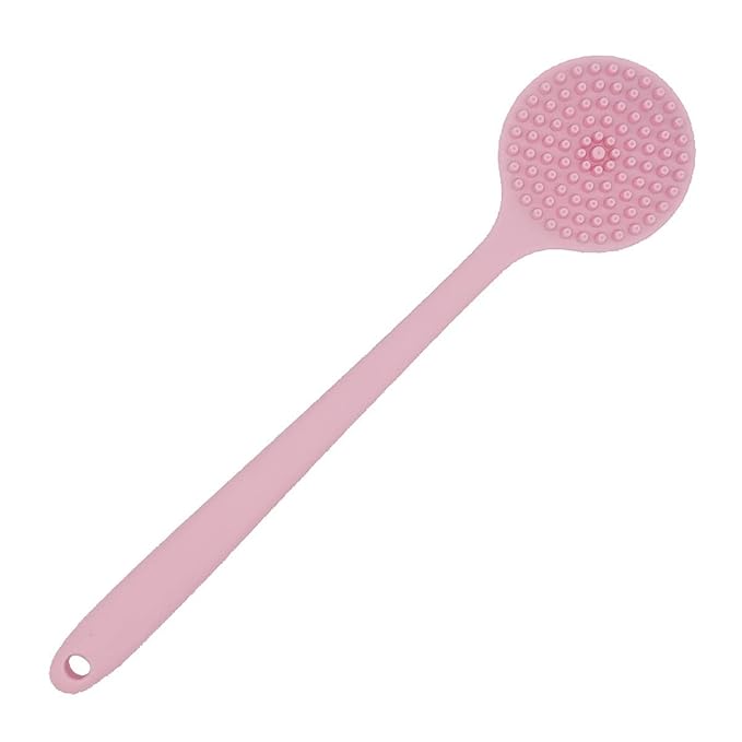 DNC Silicone Back Scrubber for Shower, Soft Bath Body Brush with Long Handle (Pink)