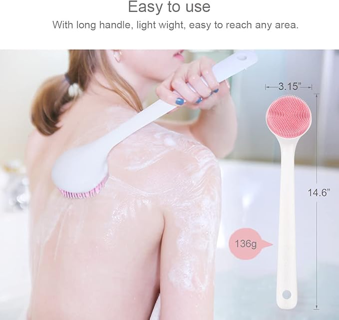 Silicone Back Scrubber for Shower, Back Washer Brush Long Handle with Soft Bristles, Bath Body Shower Exfoliator Brush for Men and Women, BPA Free, Non-Slip