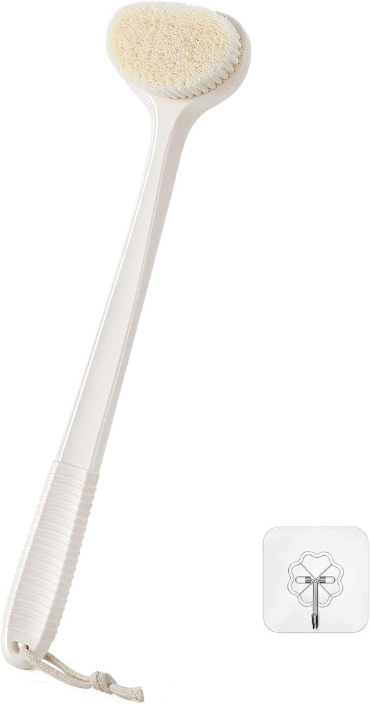 Back Scrubber for Shower with 17" Long Handle, Non-Slip Grip Shower Brush, Moderate Bristles Body Brush for Gentle Exfoliation, Back Brush for Shower Men & Women – Cream White