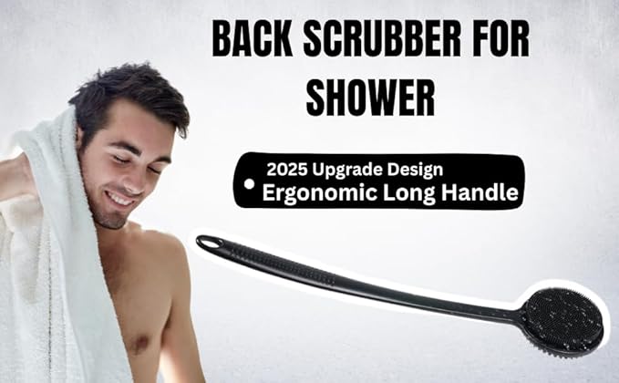 ARK Silicone Scrubber for Shower, 17 in Lengthened Long Handle Body Brush, Double Sided deep Cleaning & Massaging Shower Scrubber, Rich Foam Producer for Men & Women.