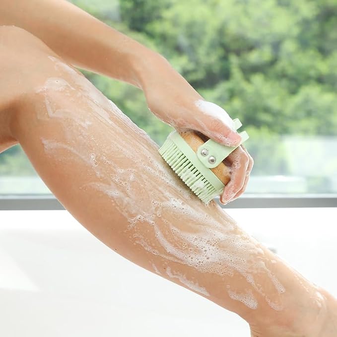 Bamboo & Silicone Body Scrubber for Shower – Gentle Exfoliating Bath Brush with Soft Bristles, Easy-Foam Design, Quick-Dry, Ergonomic Strap Handle, Eco-Friendly, for Women & Men (Green)