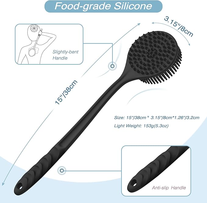 Manmihealth Silicone Back Scrubber(Thick Bristles) & Soft Bath Glove Set, Super-Exfoliating Body Scrubber & Super-Lathering Shower Brush Combination, with a Free Hook.(Black)