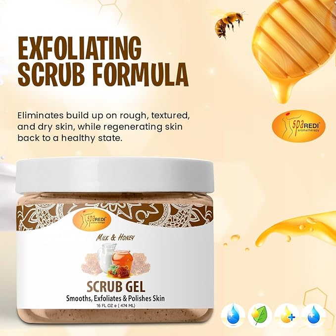 SPA REDI – Exfoliating Scrub Pumice Gel, Milk and Honey, 16 Oz - Manicure, Pedicure and Body Exfoliator Infused with Hyaluronic Acid, Amino Acids, Panthenol and Comfrey Extract
