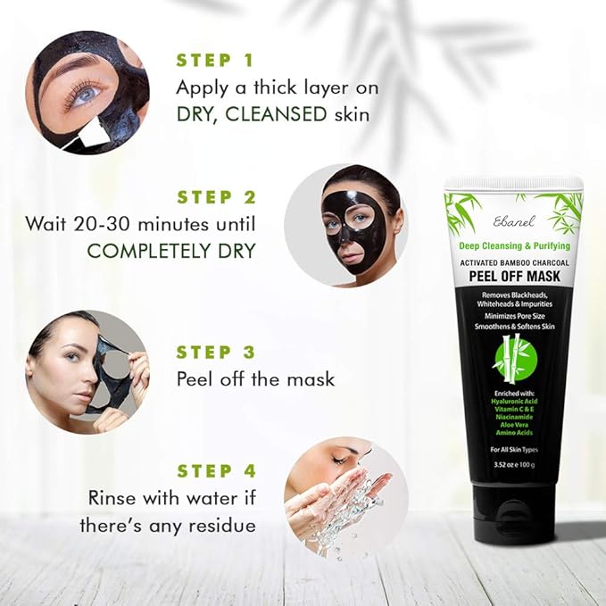 Ebanel Charcoal Peel Off Face Mask Applicator Set, Deep Pore Cleansing Minimizer Blackhead Remover with Niacinamide, Hyaluronic Acid, Vitamin C, Green Tea, Deep Cleanse Black Masks Peel Off Gel Mask