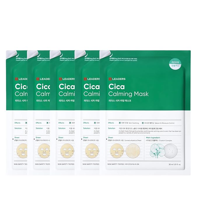 LEADERS Insolution Cica Calming Mask - Soothing Relief for Irritated & Sensitive Skin | Helps Reduces & Relieves Redness | Calming Care, Sebum & Moisture Control, Easy Peel Pouch - 5 Sheets