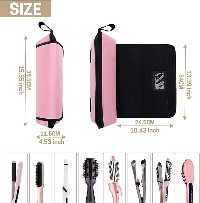GNEGNI Hair Tools Travel Bag with Heat Resistant Mat, 2-in-1 Portable Hot Tools Organizer fits Curling Iron, Straightener & Hair Accessories, Travel Vacation Essentials(Blue/Pink) (Pink)