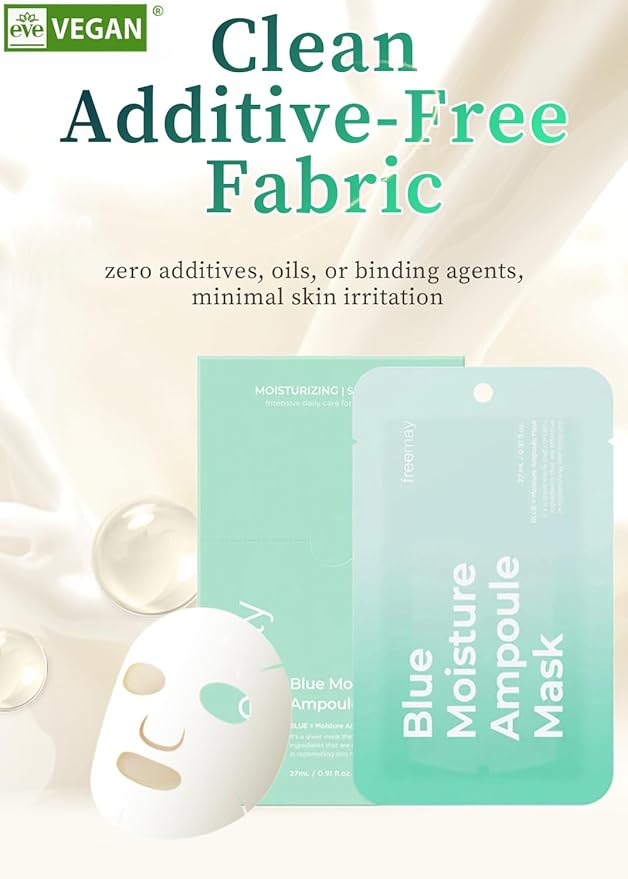 freemay Blue Moisture Ampoule Mask Deep Hydration with 8 Hyaluronic Acids & Phyto-Amino Acid Complex, Vegan Sheet Mask for Smoothing Fine Lines, Dry & Mature Skin, 10 Sheets