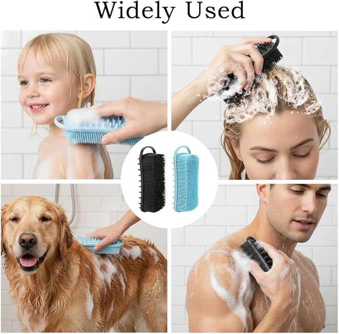 2 PCS Soft Silicone Body Scrubber, 2 in 1 Exfoliating Shower Bath Scrubber, Silicone Loofah Bath and Shampoo Brush Body Shower Use Shower Hair Scalp Massager, Easy to Clean, Lather Well (Black&Blue)