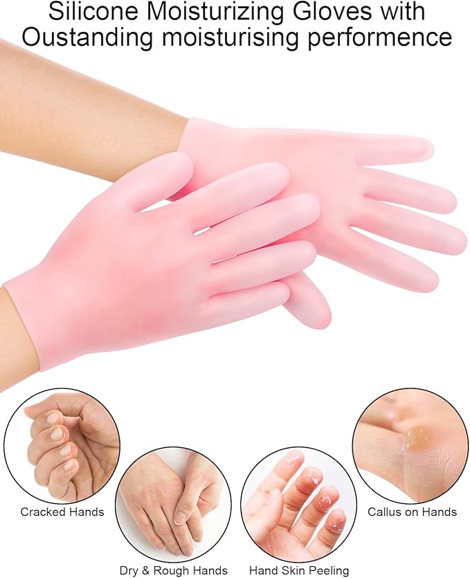 2 Pairs Silicone Moisturizing Glove Socks Set, Anti Slip Soft Spa Gel Socks Softening Feet Dry Cracked Skin, Women Spa Pedicure Socks for Foot Hand Softening, Foot Care After Pedicure (Pink)