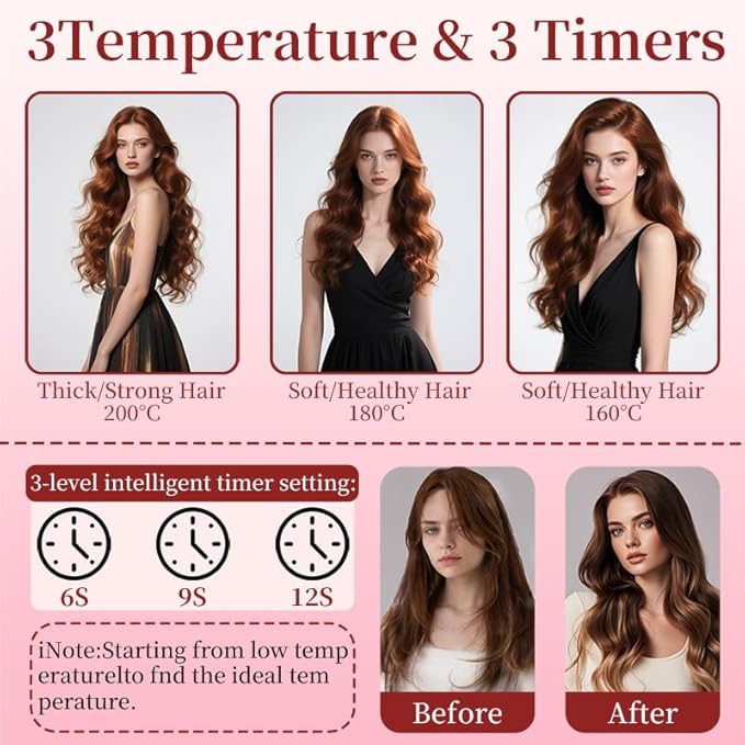 Automatic Curling Iron Set, Hair Curler & Straightening Comb, 4-in-1 Beach Wave Curling Wand with 3 Ceramic Barrel & 1 Hair Straightener Brush, 3 Temp, Timer, Negative Ions