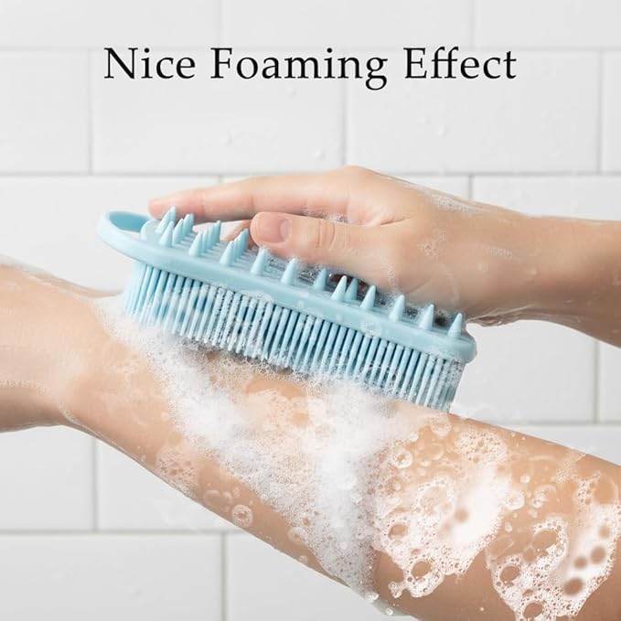2 PCS Soft Silicone Body Scrubber, 2 in 1 Exfoliating Shower Bath Scrubber, Silicone Loofah Bath and Shampoo Brush Body Shower Use Shower Hair Scalp Massager, Easy to Clean, Lather Well (Black&Blue)