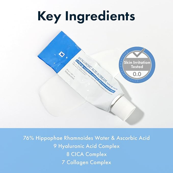 TOSOWOONG Hyaluronic Acid 9 Cream, Vitamin B5, Collagen, Niacinamide, Centella Asiatica Extract, Long-lasting Hydration, Daily Moisturizer Face Cream, Korean Skin Care, 50ml, 1.69 fl.oz.