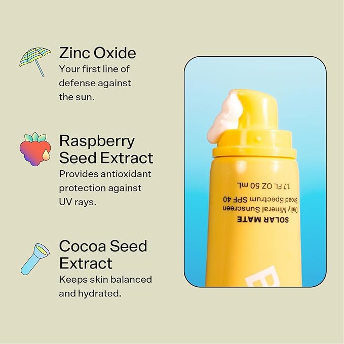 Bubble Skincare Solar Mate Mineral Face Sunscreen Broad Spectrum SPF 40 - Zinc Oxide Sunscreen with Blue Light Protection & Ginseng Extract - Sheer, Lightweight Coverage With No White Cast (50ml)