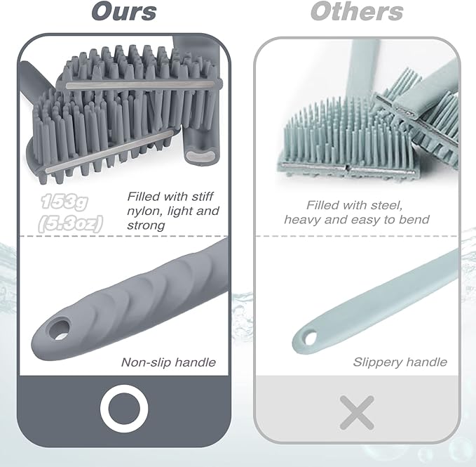 Manmihealth Silicone Back Scrubber(Thick Bristles) & Soft Bath Glove Set, Super-Exfoliating Body Scrubber & Super-Lathering Shower Brush Combination, with a Free Hook.(Gray)