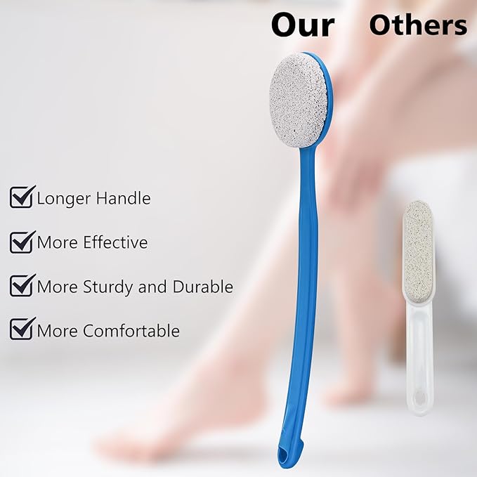 Pumice Stone for Feet with Long Handle 13.7", Hard Skin Callus Remover, Scrubber and Exfoliator for Dead Dry Skin, Softer & Smoother Feet, Pedicure Tool (Curved),Blue