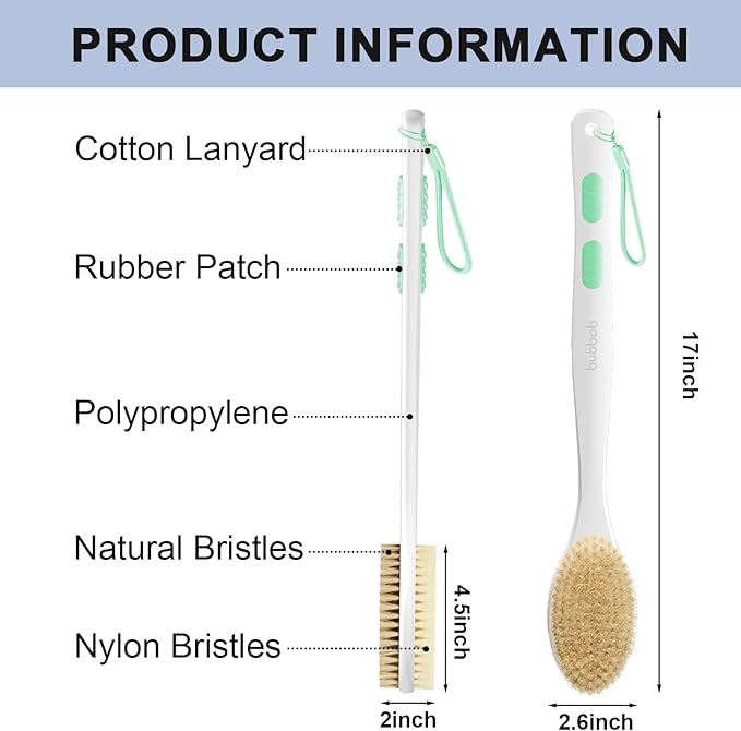 Back Scrubber for Shower with Long Handle, Exfoliating Bath Brush for Body - Double Sided Bristles (Stiff & Soft), Anti-Slip Grip, Lightweight - Gift for Seniors, Includes Lanyard & Hook,Green