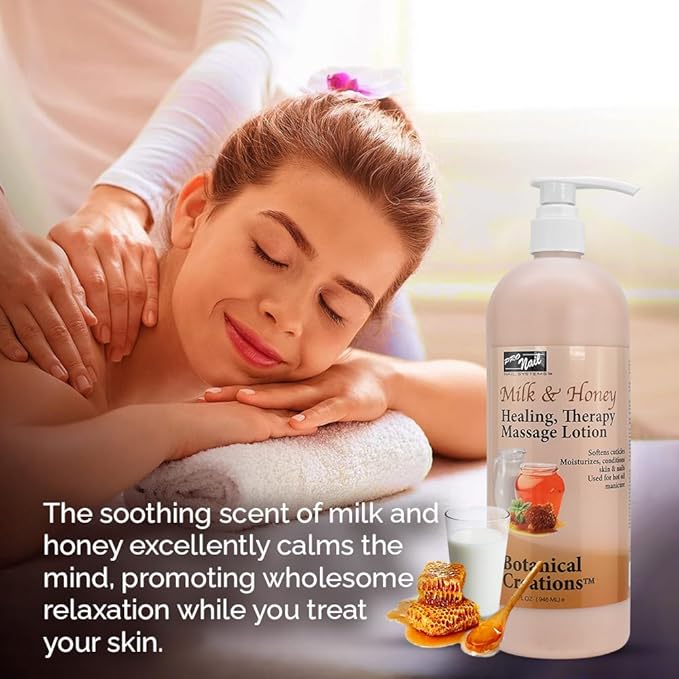 PRO NAIL - Healing Therapy Massage Lotion - Professional Pedicure, Body and Hot Oil Manicure, Infused with Natural Oils, Vitamins, Panthenol and Amino Acids (Milk and Honey, 32 Ounce)