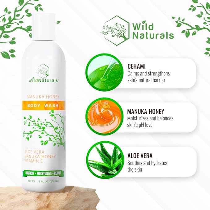 Manuka Honey Eczema and Psoriasis Body Wash – Organic, Natural Body Wash with Aloe Vera, Cehami, and Manuka Honey – Plant-Based, Sulfate-Free, Cruelty-Free Skincare