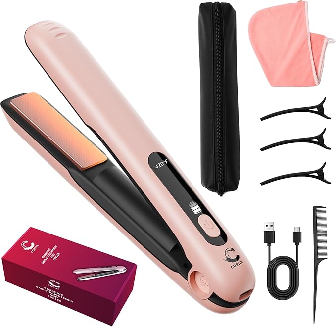 2-in-1 Cordless Hair Straightener & Curler – Includes Carrying Pouch – Mini Travel Hair Straightener with LCD Display, USB-C Charging, 4 Temp Modes up to 420°F and Long Battery Life