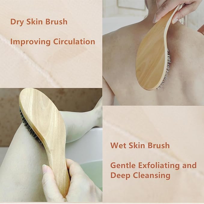 Dry Brushing Body Brush, Natural Horsehair Exfoliating Body Scrubber Bath Brush with 9.8” Curved Wooden Handle for Shower, Gentle Skin Exfoliation, Cellulite and Lymphatic Improvement Gift
