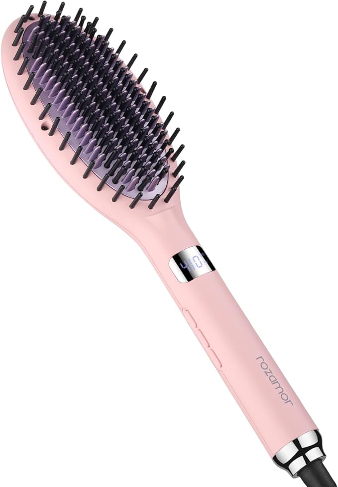 Ionic Hair Straightener Brush – Ceramic Straightening Brush with 6 Temp Settings, LCD Display, Auto-Off, Dual Voltage Flat Iron with Anti-Scald Design, Pink